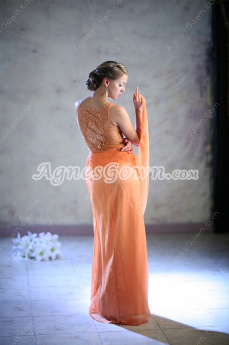 Sexy Deep V-Neckline Orange Chiffon Prom Dresses Illusion Back  