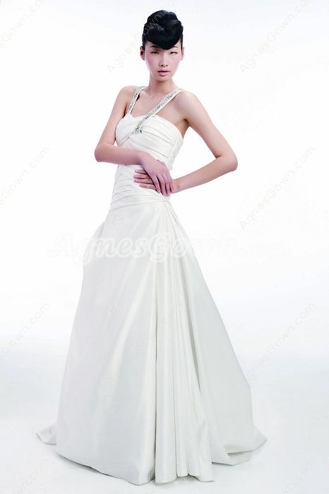 Double Straps White Satin Destination Wedding Dress Pleated Bodice 