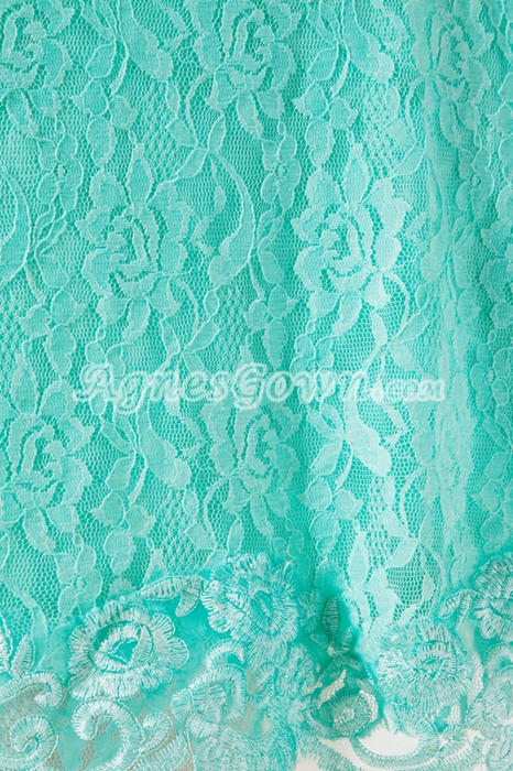 Square Neckline Aqua Lace Wedding Guest Dress 