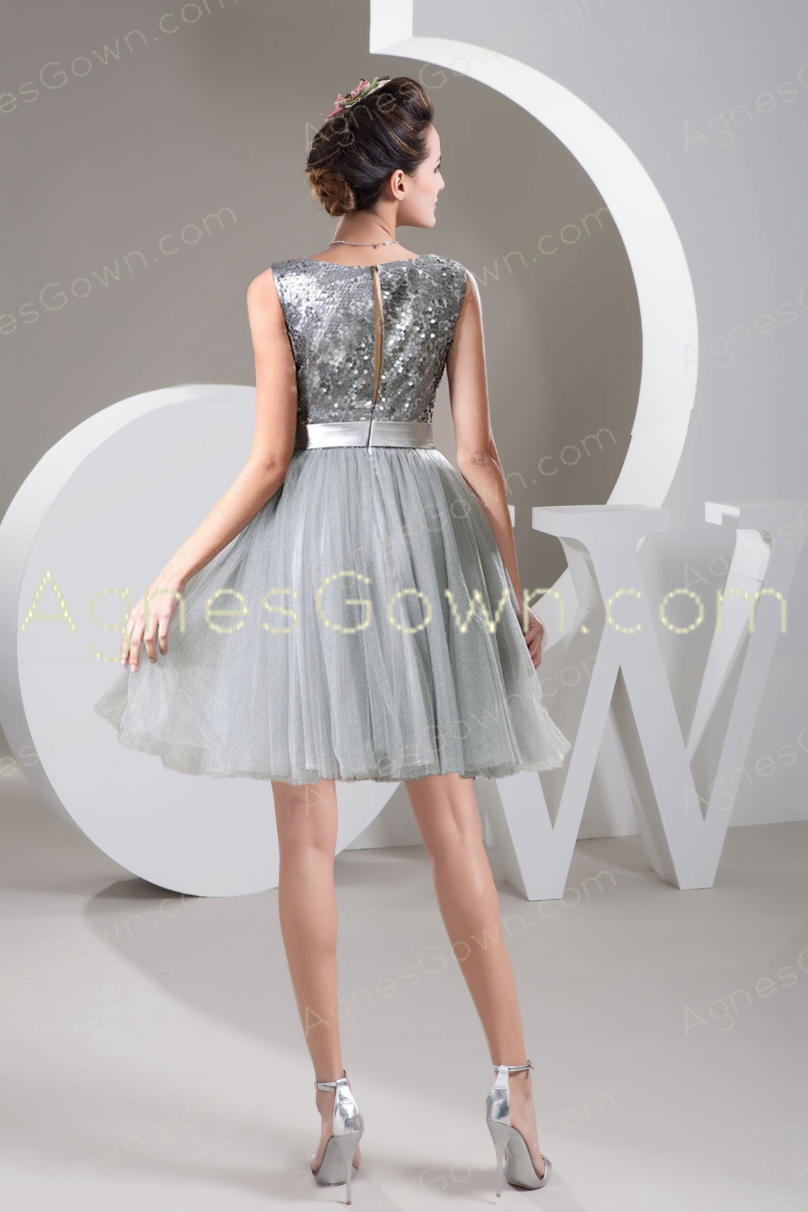 Bateau Neckline Knee Length Silver Sweet Sixteen Dress 