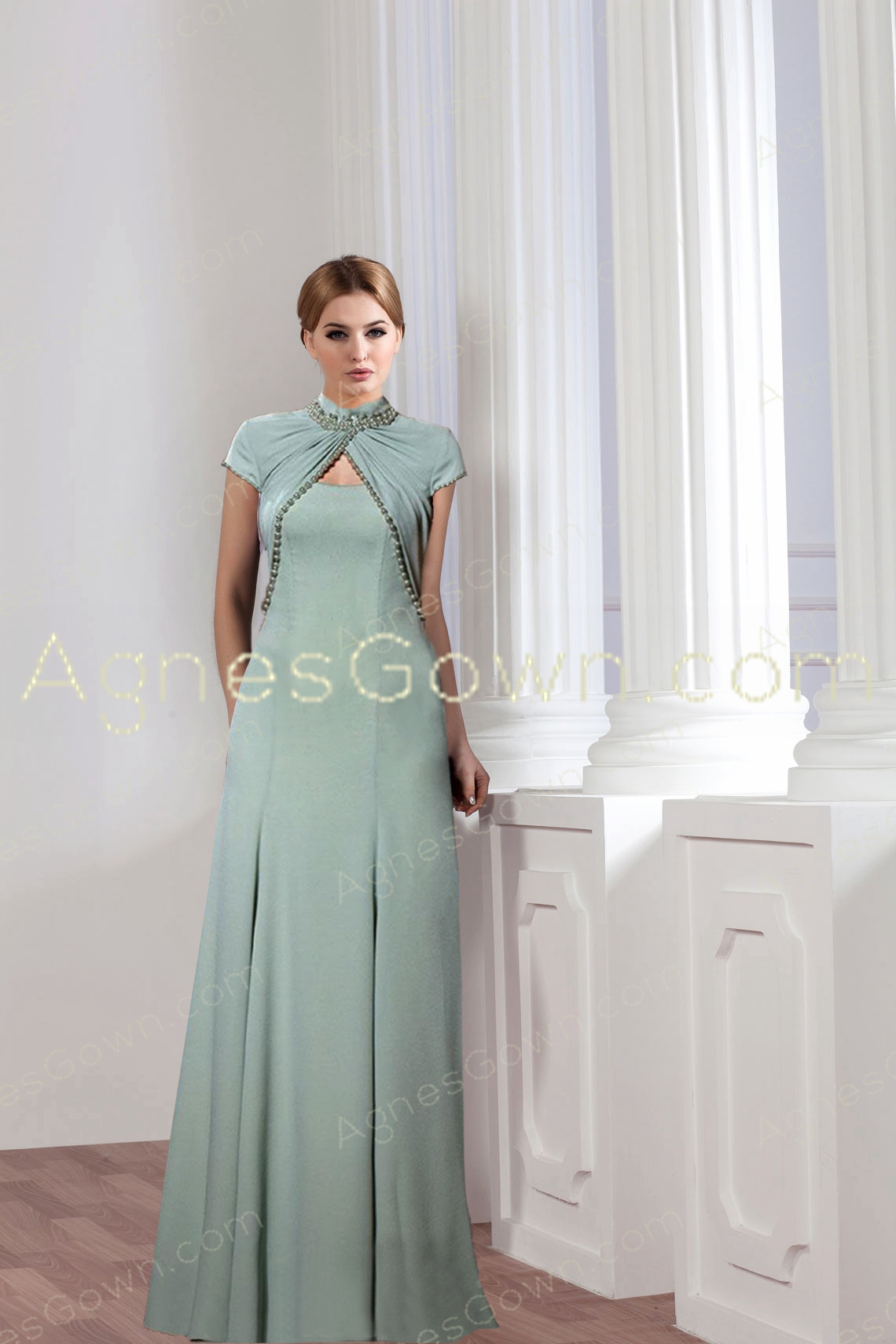 Charming High Neckline Sage Colored Mother Of The Bride Dress 