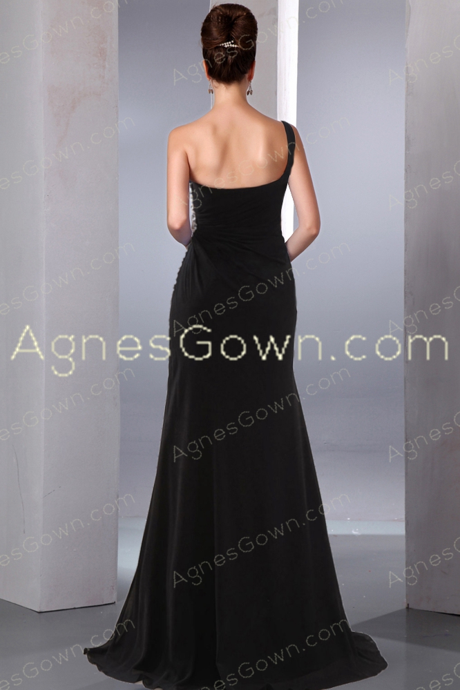 Chic Front Slit One Shoulder Black Evening Dress With Crystals 
