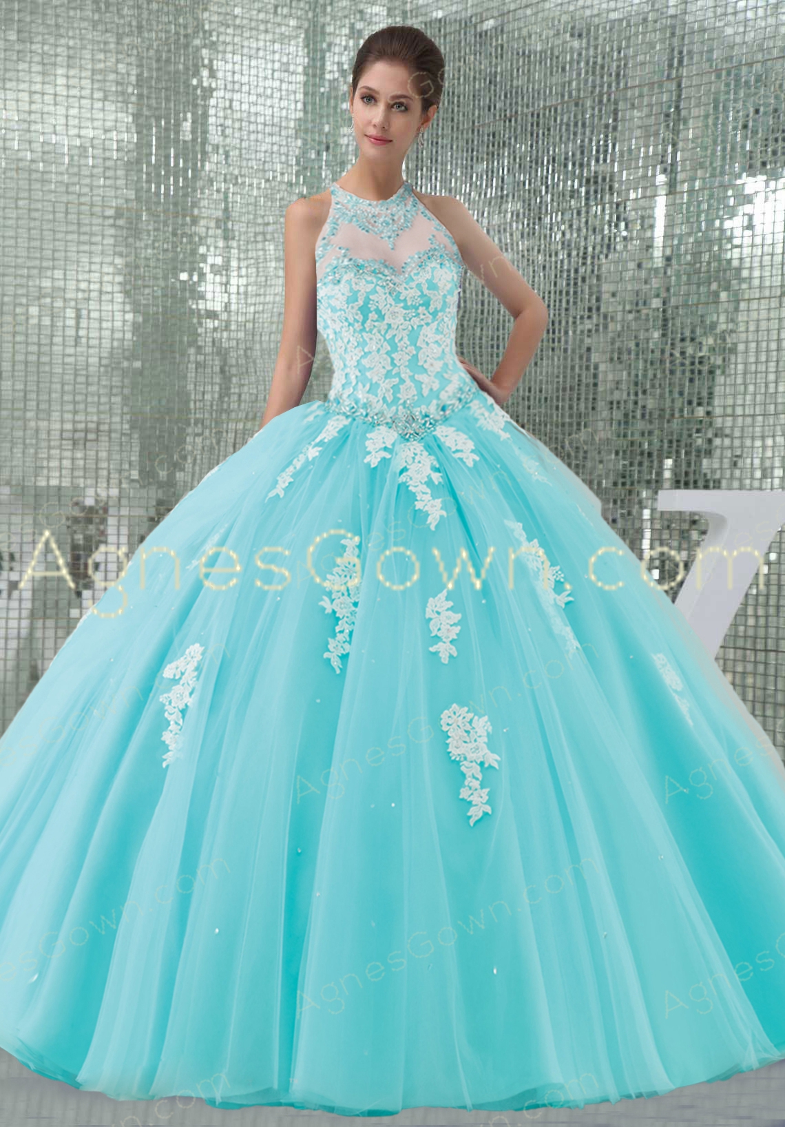 Cute Aqua Halter Ball Gown Quince Dress With Lace Appliques 