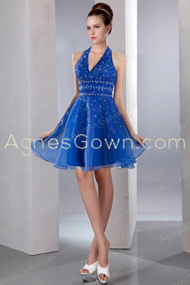 Modern Top Halter Royal Blue Organza Mini Length Sweet 16 Dress 