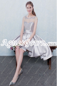 Scoop Neckline Cap Sleeves Silver High Low Prom Dress 