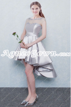 Scoop Neckline Cap Sleeves Silver High Low Prom Dress 