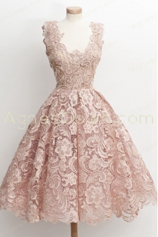 Scoop Neckline Pink Lace Prom Dress Short Length
