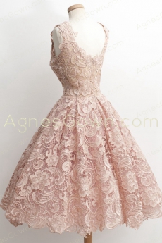 Scoop Neckline Pink Lace Prom Dress Short Length