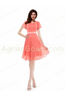 Short Sleeves Scoop Neckline Coral Junior Prom Dress 