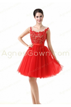 Square Neckline Puffy Short Red Prom Dress With Lace 
