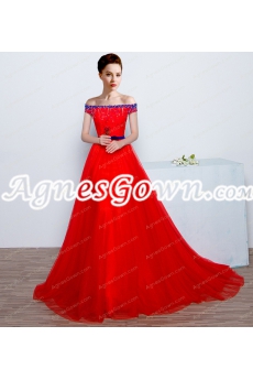 Attractive Off Shoulder Red Wedding Dress With Royal Blue Handworks