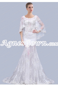 Scoop Neckline 3/4 Sleeves Mermaid Lace Wedding Dress 