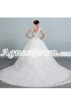 V-Neckline Cap Sleeves Ball Gown Wedding Dress With Illusion Bodice