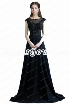 A-line Dark Navy Cap Sleeves Chiffon Mother Dress With Lace 