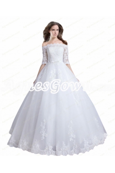 Off Shoulder Half Sleeves Lace Ball Gown Wedding Dress 