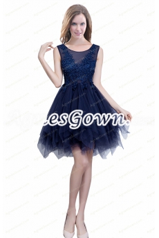 Scoop Neckline Dark Navy Short Prom Dress With Lace Appliques 