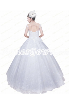 Short Sleeves Scoop Neckline Lace Ball Gown Wedding Dress 
