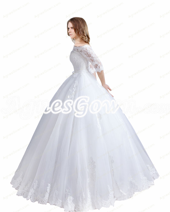 Off Shoulder Half Sleeves Lace Ball Gown Wedding Dress 
