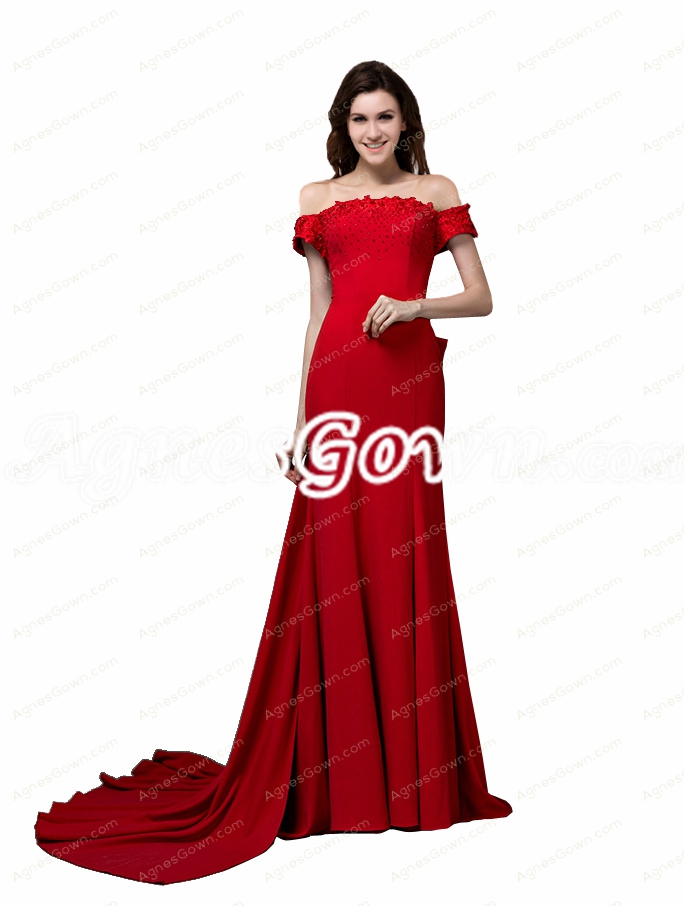 Off Shoulder Red Elastic Satin Mermaid Evening Dress With Beads 
