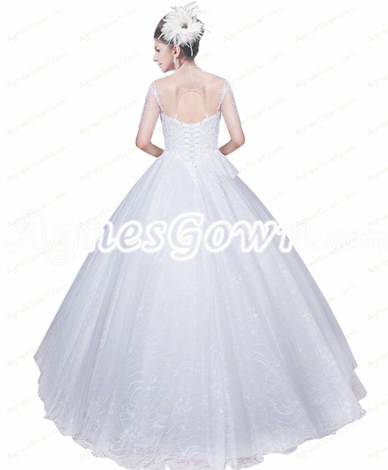 Short Sleeves Scoop Neckline Lace Ball Gown Wedding Dress 