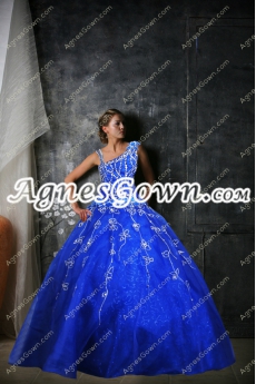Asymmetrical Shoulder Royal Blue Organza Sweet 15 Dress With Beads 