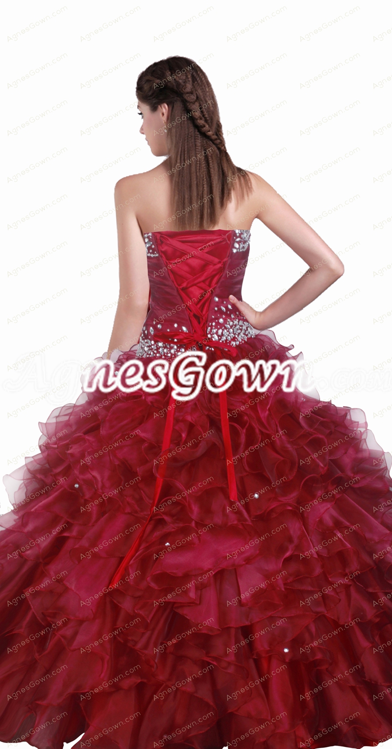 Corset Back Dark Red Organza Sweet 15 Dress With Rhinestones 