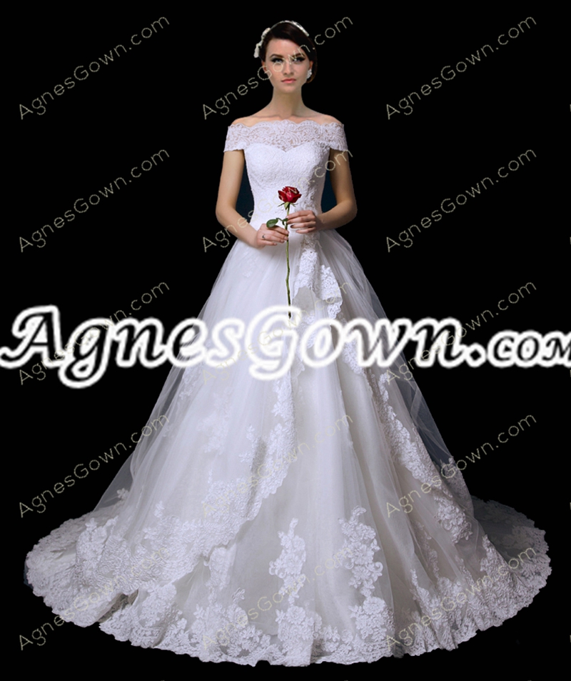 Off Shoulder Bateau Neckline Lace Wedding Dress 