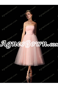 Vintage Tea Length Pink Prom Party Dress With Bowknot
