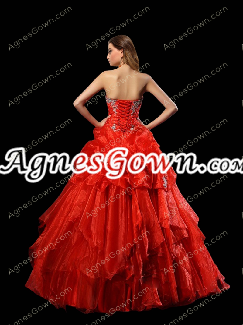 Corset Back Red Organza Ball Gown Quinceanera Dress 