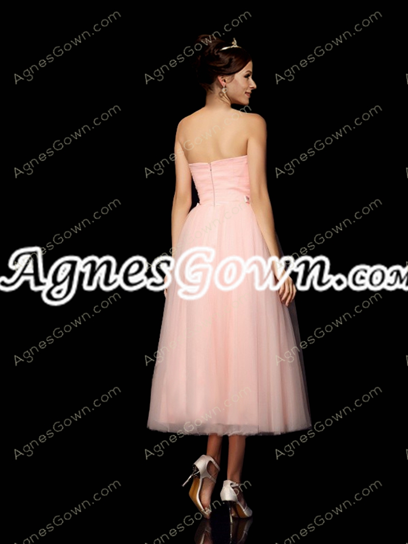 Vintage Tea Length Pink Prom Party Dress With Bowknot