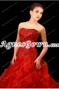 Attractive Red Organza Ball Gown Wedding Dress Corset Back 