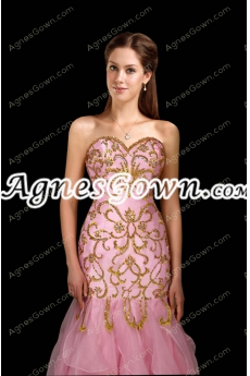 Impressive Pink Organza Mermaid Prom Dress With Gold Sequins 
