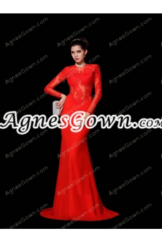 Long Sleeves Red Chiffon Evening Dress With Lace 