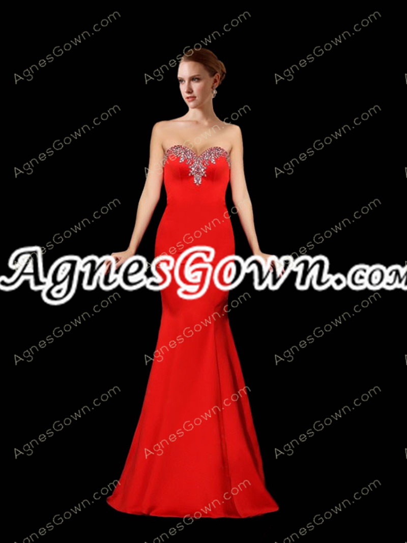 Stylish Red Satin Mermaid Prom Dress With Great Handwork 