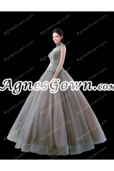 High Collar Silver Gray Ball Gown Quince Dress Cap Sleeves 
