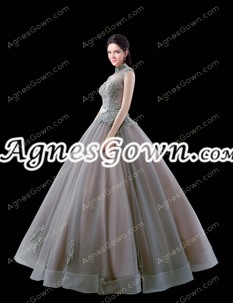High Collar Silver Gray Ball Gown Quince Dress Cap Sleeves 